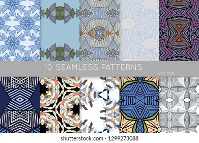 Collection of seamless patterns. Abstract design elements in set. Colored decorative repainting background with tribal and ethnic motifs 