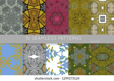 Collection of seamless patterns. Abstract design elements in set. Colored decorative repainting background with tribal and ethnic motifs 