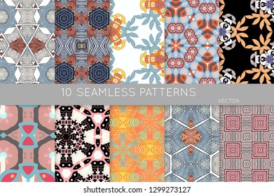 Collection of seamless patterns. Abstract design elements in set. Colored decorative repainting background with tribal and ethnic motifs 
