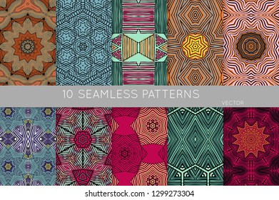 Collection of seamless patterns. Abstract design elements in set. Colored decorative repainting background with tribal and ethnic motifs