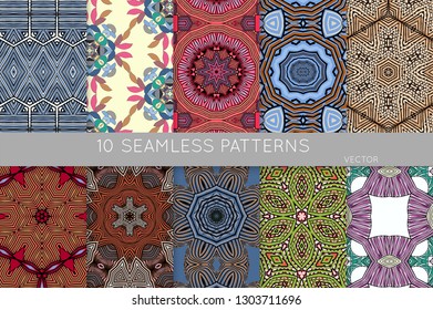 Collection of seamless patterns. Abstract design elements in set. Colored decorative repainting background with tribal and ethnic motifs 