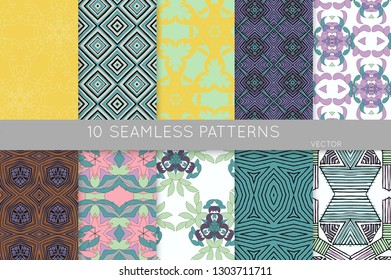 Collection of seamless patterns. Abstract design elements in set. Colored decorative repainting background with tribal and ethnic motifs 