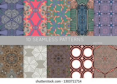 Collection of seamless patterns. Abstract design elements in set. Colored decorative repainting background with tribal and ethnic motifs 