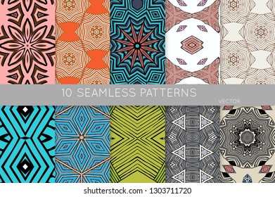 Collection of seamless patterns. Abstract design elements in set. Colored decorative repainting background with tribal and ethnic motifs 