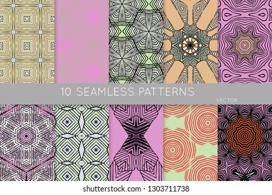 Collection of seamless patterns. Abstract design elements in set. Colored decorative repainting background with tribal and ethnic motifs 