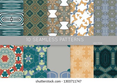 Collection of seamless patterns. Abstract design elements in set. Colored decorative repainting background with tribal and ethnic motifs 