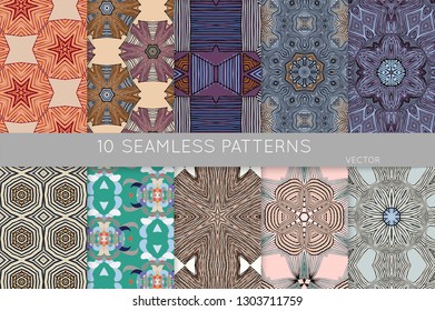 Collection of seamless patterns. Abstract design elements in set. Colored decorative repainting background with tribal and ethnic motifs 