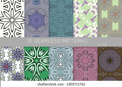 Collection of seamless patterns. Abstract design elements in set. Colored decorative repainting background with tribal and ethnic motifs 