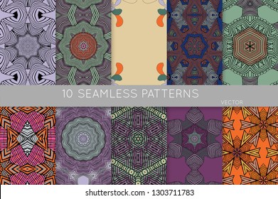 Collection of seamless patterns. Abstract design elements in set. Colored decorative repainting background with tribal and ethnic motifs 