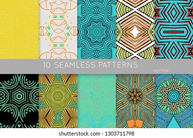 Collection of seamless patterns. Abstract design elements in set. Colored decorative repainting background with tribal and ethnic motifs 