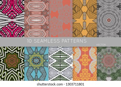 Collection of seamless patterns. Abstract design elements in set. Colored decorative repainting background with tribal and ethnic motifs 
