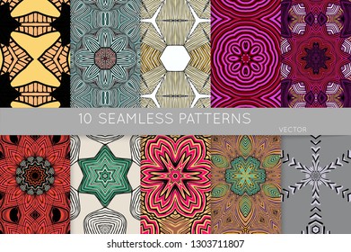 Collection of seamless patterns. Abstract design elements in set. Colored decorative repainting background with tribal and ethnic motifs 