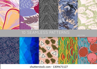 Collection of seamless patterns. Abstract design elements in set. Doodles with crayon and grunge texture roughly hand drawn.