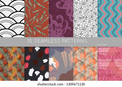 Collection of seamless patterns. Abstract design elements in set. Doodles with crayon and grunge texture roughly hand drawn.