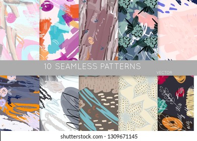 Collection of seamless patterns. Abstract design elements in set. Doodles with crayon and grunge texture roughly hand drawn.