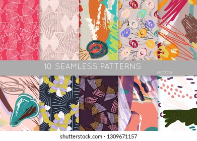 Collection of seamless patterns. Abstract design elements in set. Doodles with crayon and grunge texture roughly hand drawn.