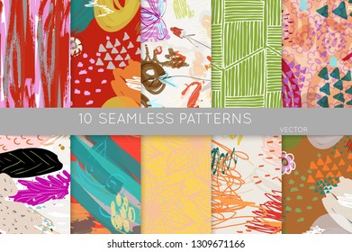 Collection of seamless patterns. Abstract design elements in set. Doodles with crayon and grunge texture roughly hand drawn.
