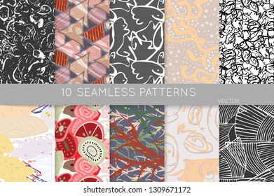 Collection of seamless patterns. Abstract design elements in set. Doodles with crayon and grunge texture roughly hand drawn.