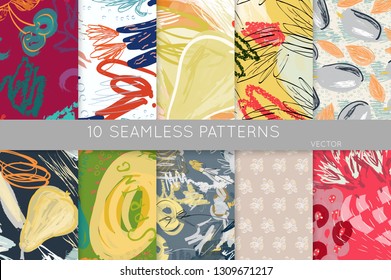 Collection of seamless patterns. Abstract design elements in set. Doodles with crayon and grunge texture roughly hand drawn.