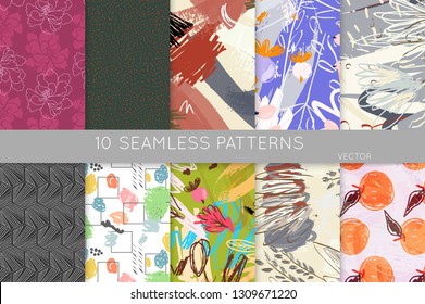 Collection of seamless patterns. Abstract design elements in set. Doodles with crayon and grunge texture roughly hand drawn.