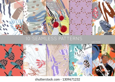 Collection of seamless patterns. Abstract design elements in set. Doodles with crayon and grunge texture roughly hand drawn.