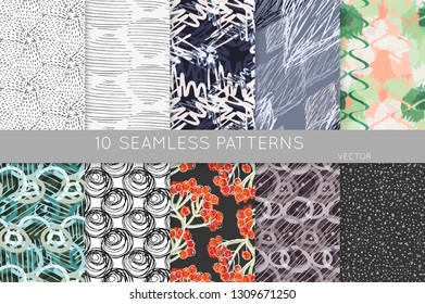 Collection of seamless patterns. Abstract design elements in set. Doodles with crayon and grunge texture roughly hand drawn.