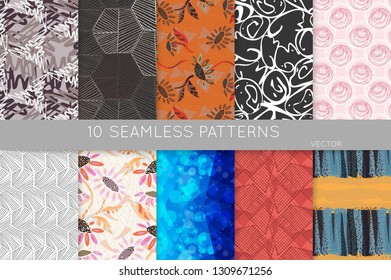 Collection of seamless patterns. Abstract design elements in set. Doodles with crayon and grunge texture roughly hand drawn.