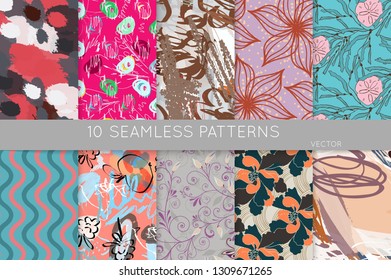 Collection of seamless patterns. Abstract design elements in set. Doodles with crayon and grunge texture roughly hand drawn.