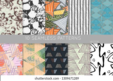 Collection of seamless patterns. Abstract design elements in set. Doodles with crayon and grunge texture roughly hand drawn.