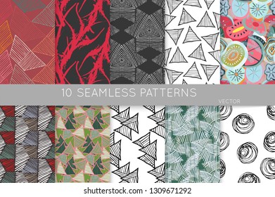 Collection of seamless patterns. Abstract design elements in set. Doodles with crayon and grunge texture roughly hand drawn.