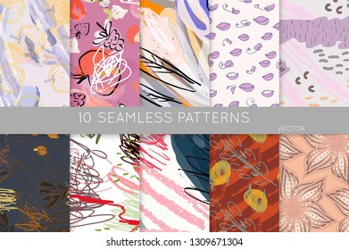 Collection of seamless patterns. Abstract design elements in set. Doodles with crayon and grunge texture roughly hand drawn.