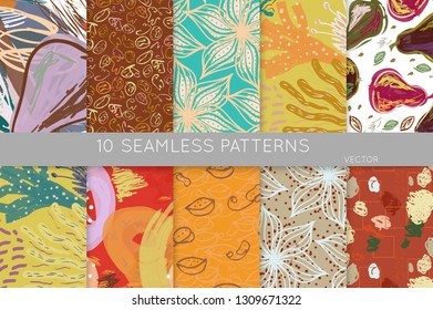 Collection of seamless patterns. Abstract design elements in set. Doodles with crayon and grunge texture roughly hand drawn.