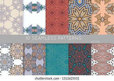 Collection of seamless patterns. Abstract design elements in set. Colored decorative repainting background with tribal and ethnic motifs 