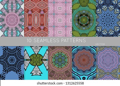 Collection of seamless patterns. Abstract design elements in set. Colored decorative repainting background with tribal and ethnic motifs 