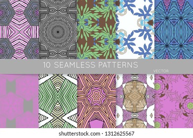 Collection of seamless patterns. Abstract design elements in set. Colored decorative repainting background with tribal and ethnic motifs 
