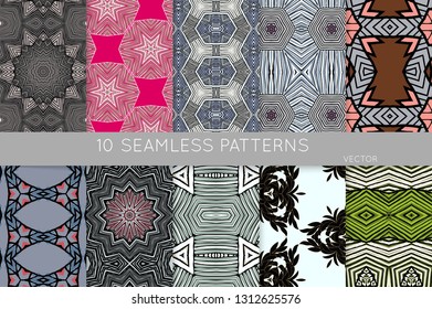 Collection of seamless patterns. Abstract design elements in set. Colored decorative repainting background with tribal and ethnic motifs 
