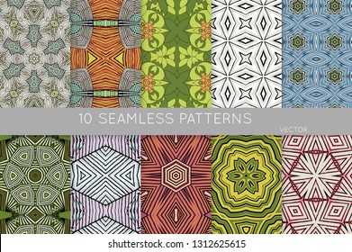 Collection of seamless patterns. Abstract design elements in set. Colored decorative repainting background with tribal and ethnic motifs 