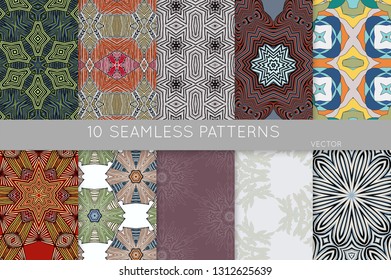 Collection of seamless patterns. Abstract design elements in set. Colored decorative repainting background with tribal and ethnic motifs 