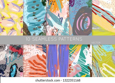 Collection of seamless patterns. Abstract design elements in set. Doodles with crayon and grunge texture roughly hand drawn.