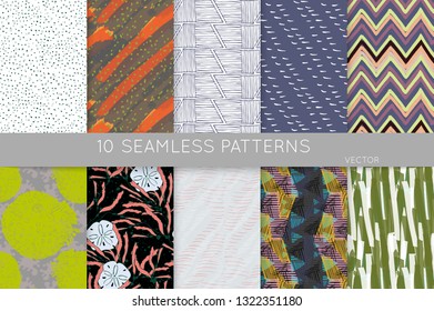 Collection of seamless patterns. Abstract design elements in set. Doodles with crayon and grunge texture roughly hand drawn.
