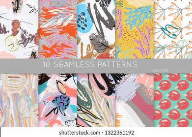 Collection of seamless patterns. Abstract design elements in set. Doodles with crayon and grunge texture roughly hand drawn.