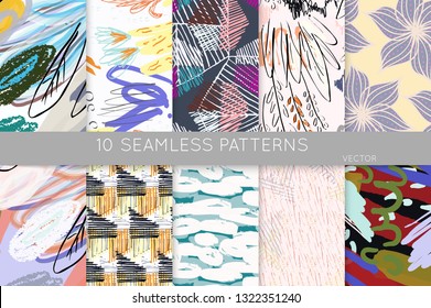 Collection of seamless patterns. Abstract design elements in set. Doodles with crayon and grunge texture roughly hand drawn.