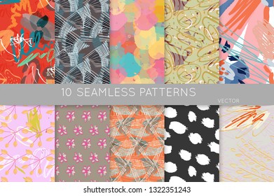 Collection of seamless patterns. Abstract design elements in set. Doodles with crayon and grunge texture roughly hand drawn.