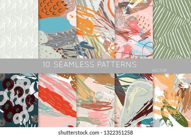 Collection of seamless patterns. Abstract design elements in set. Doodles with crayon and grunge texture roughly hand drawn.