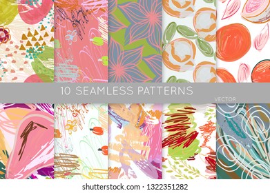 Collection of seamless patterns. Abstract design elements in set. Doodles with crayon and grunge texture roughly hand drawn.