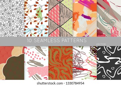 Collection of seamless patterns. Abstract design elements in set. Doodles with crayon and grunge texture roughly hand drawn.