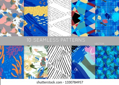 Collection of seamless patterns. Abstract design elements in set. Doodles with crayon and grunge texture roughly hand drawn.