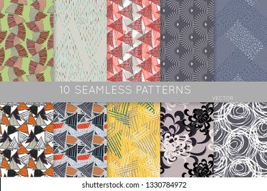 Collection of seamless patterns. Abstract design elements in set. Doodles with crayon and grunge texture roughly hand drawn.