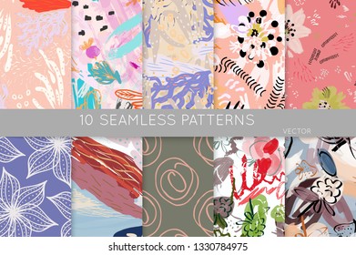Collection of seamless patterns. Abstract design elements in set. Doodles with crayon and grunge texture roughly hand drawn.