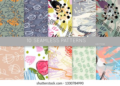 Collection of seamless patterns. Abstract design elements in set. Doodles with crayon and grunge texture roughly hand drawn.